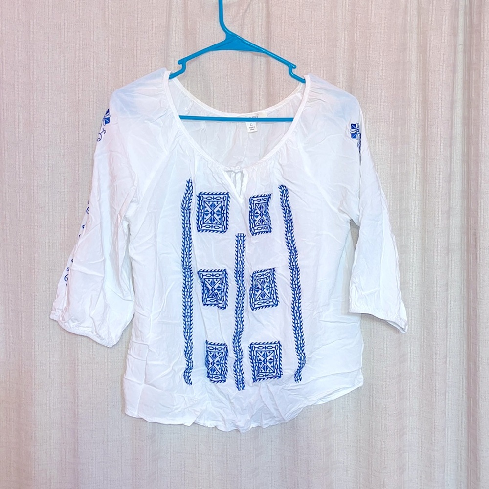 Blue white tribal print embroidered Miami shirt